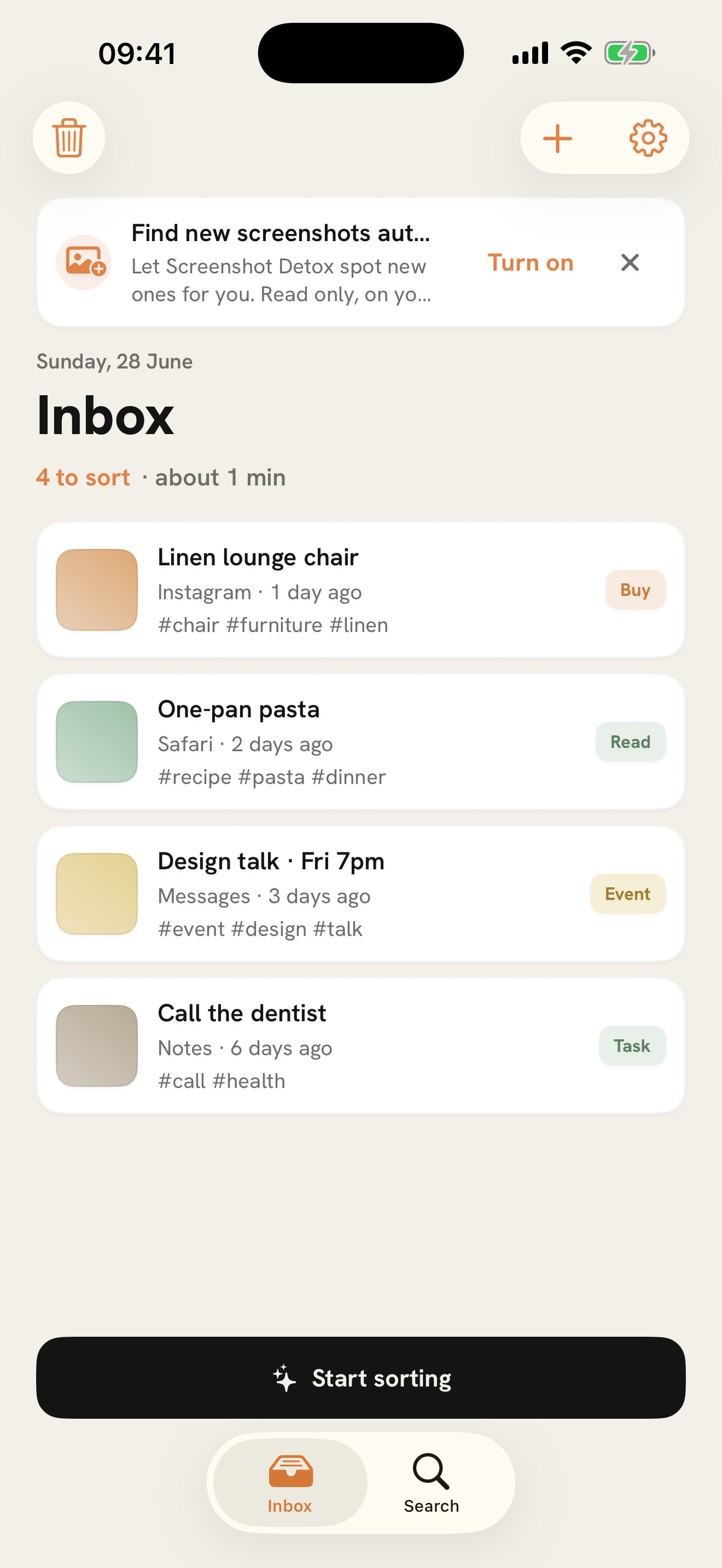 Screenshot Detox inbox on iPhone showing screenshots sorted into a calm list with a Start sorting button.