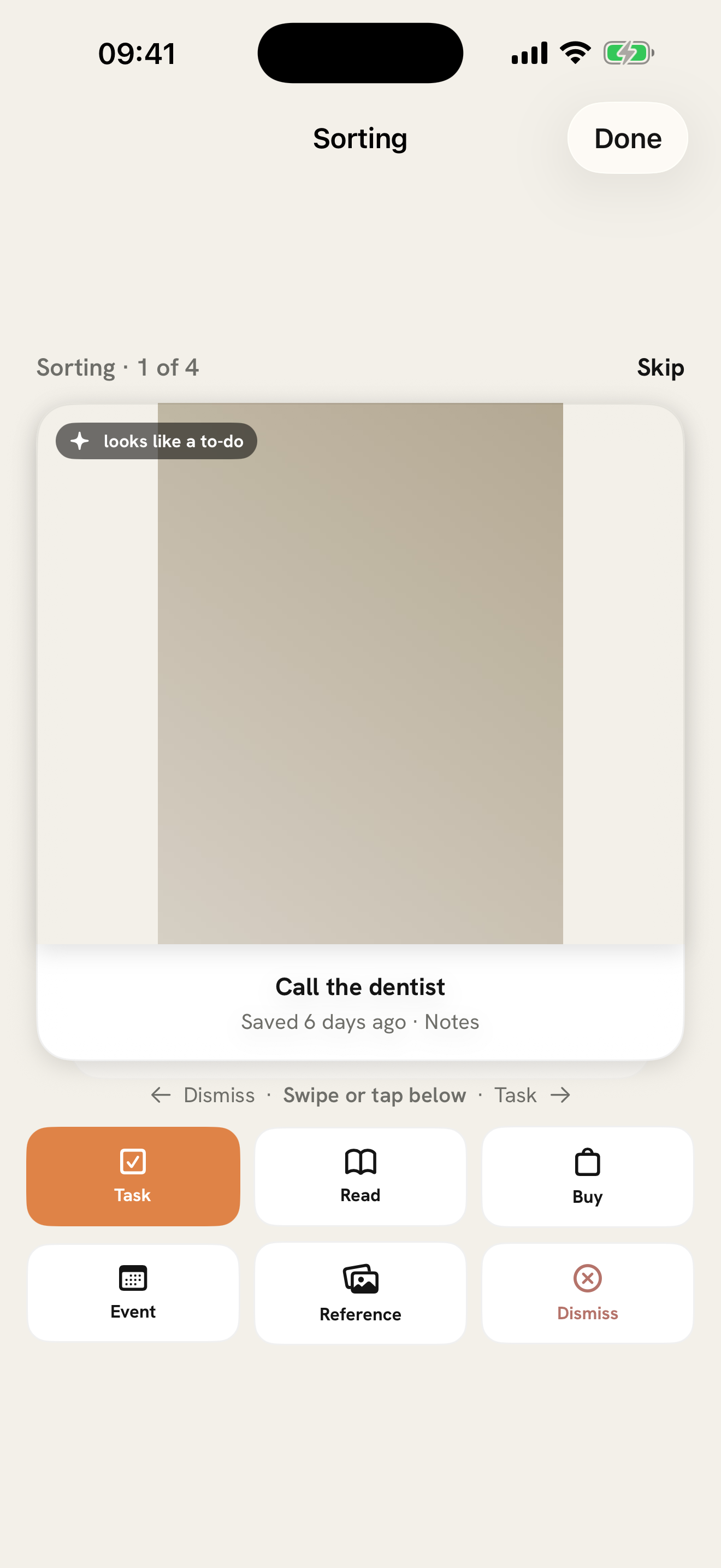 Triage card on iPhone — a screenshot with six decision buttons and a swipe hint.
