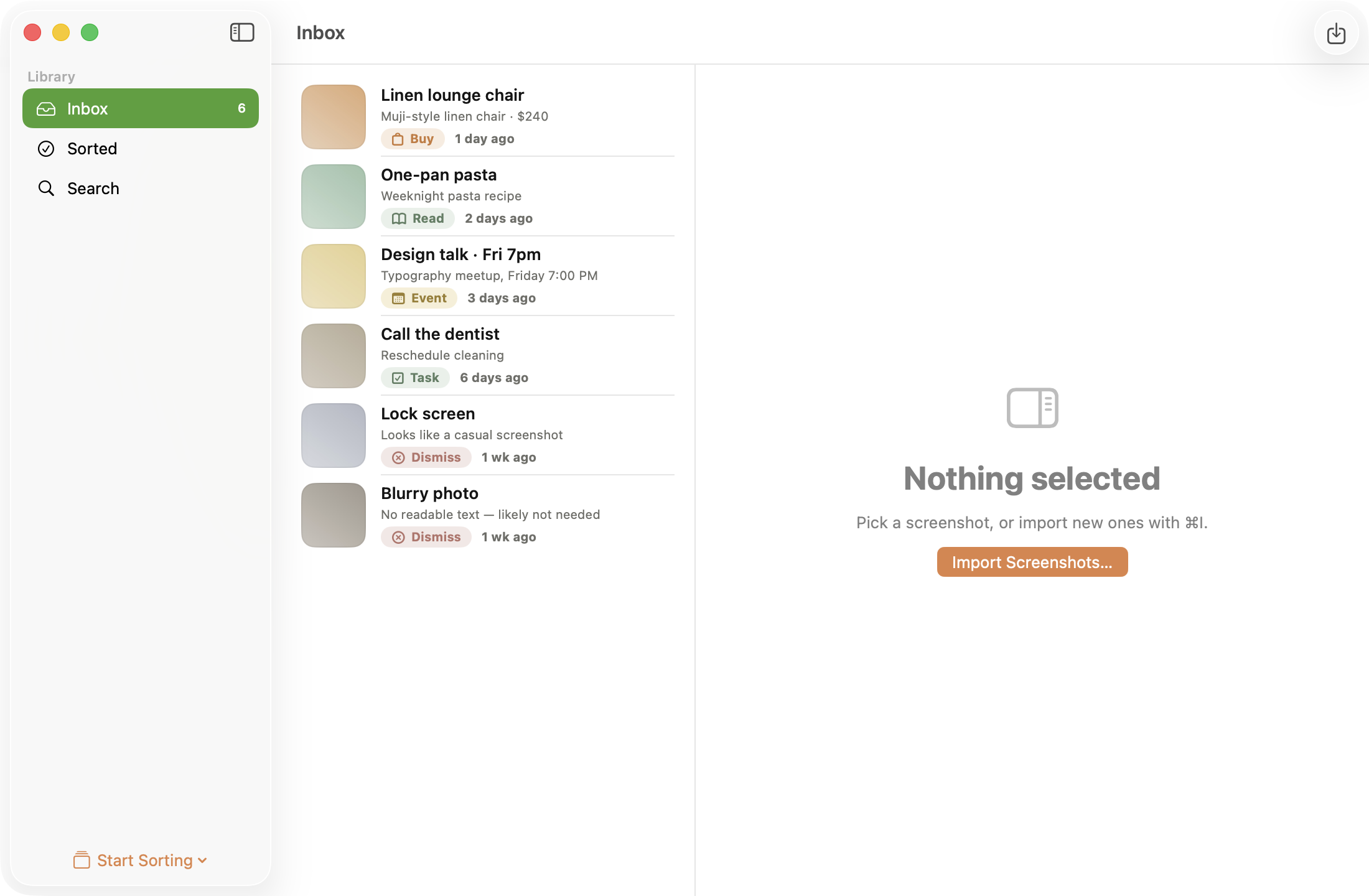 Screenshot Detox native Mac app with a three-column inbox.